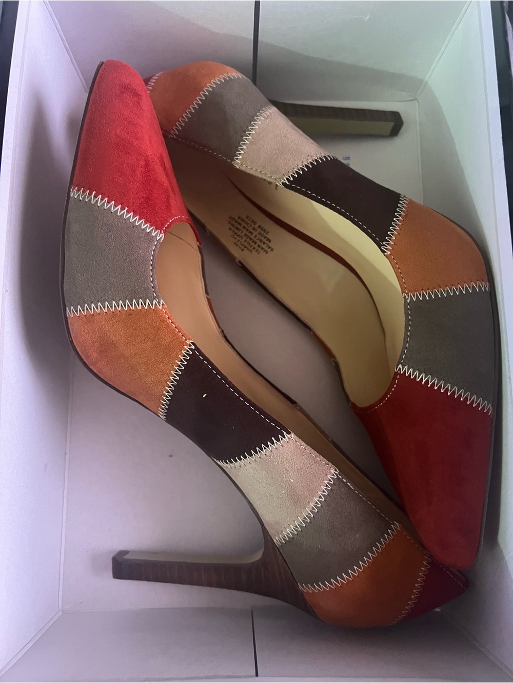 Nine West Patchwork Suede Pointed-Toe Heels in Red, Orange & Brown